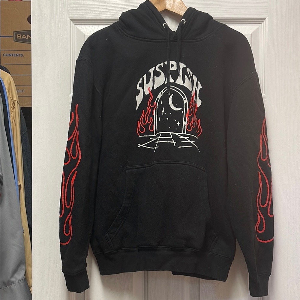 Red and Black Graphic Sweatshirt with Tribal Sleeve Design